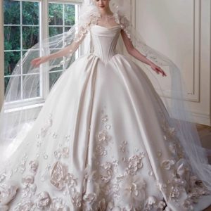 Off shoulder fish-bone satin ball gown ivory 3d flower wedding dresses