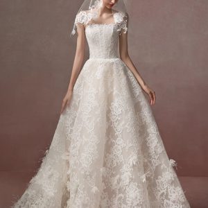 Off-Shoulder Ivory A-Line Wedding Dress with Bow & Car bone Lace Details | Bridal Gown