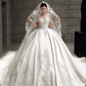 "The Seraphina" | Off Shoulder Sweetheart Neckline A-Line Satin Wedding Ball Gown