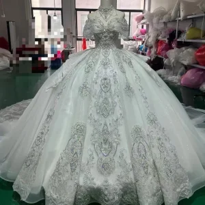 Elysian | Off Shoulder Heavy Beaded Ball Gown with Cathedral Train