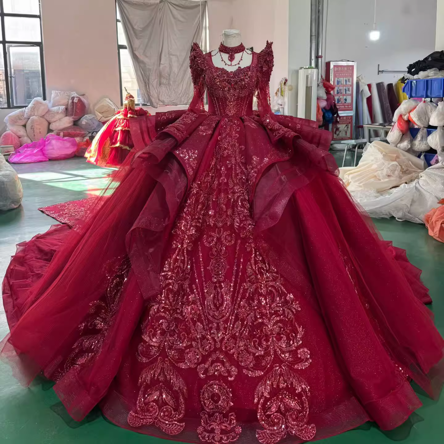 Scarlet Majesty: Red Queen Anne Neckline Machine Beaded Lace Ball Gown - Luxury Bridal Wear