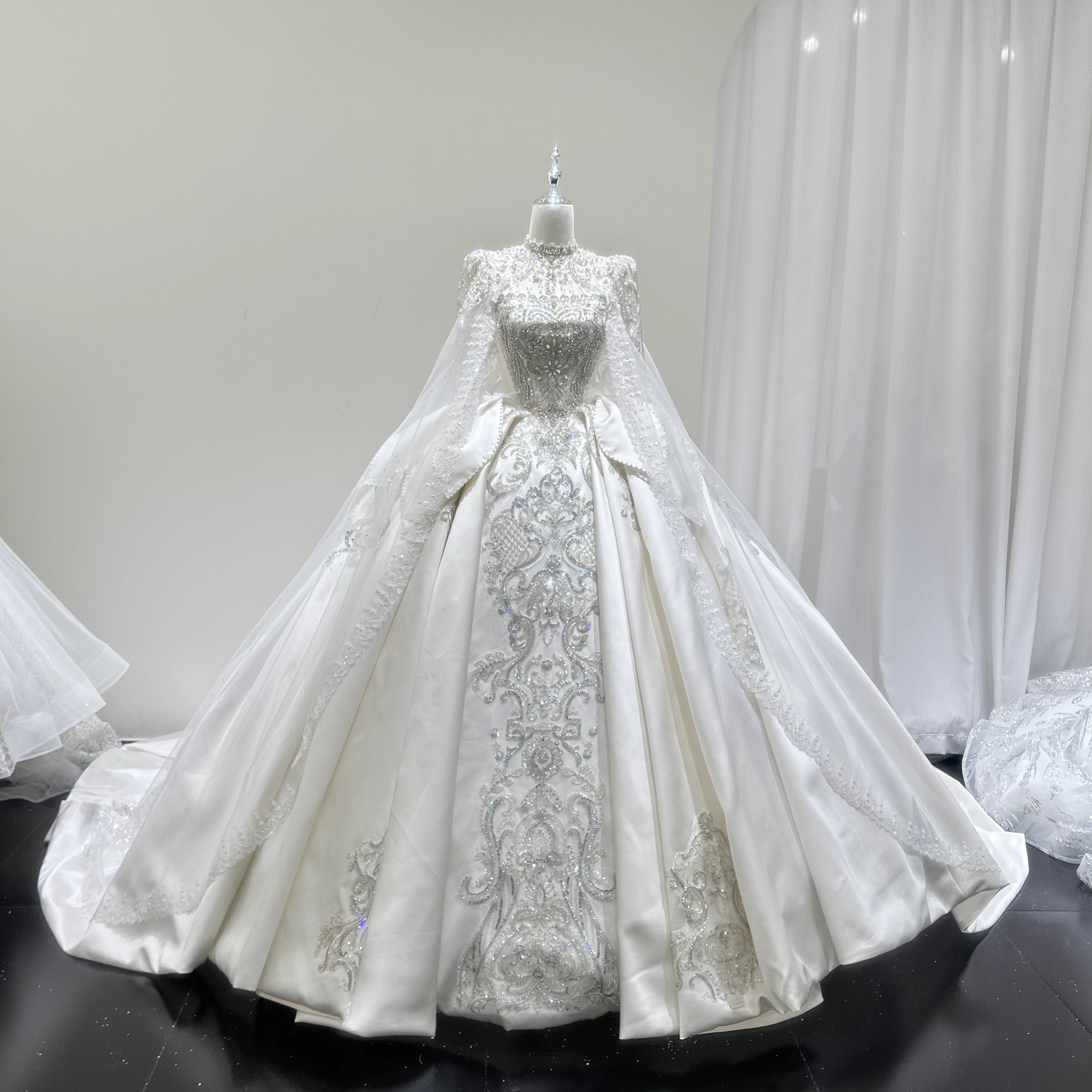 Off Shoulder Crystal Beaded Satin Wedding Gown with shimmer Beads & French Lace Shawl