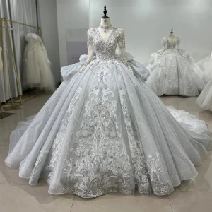 Enchanting Sparkle Ball Gown: Deep V Neck Wedding Dress with Cathedral Train & Beaded Lace Embroidery