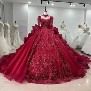 “Scarlet Sonata” | Red Queen Anne Neckline Ball Gown with Cathedral Train