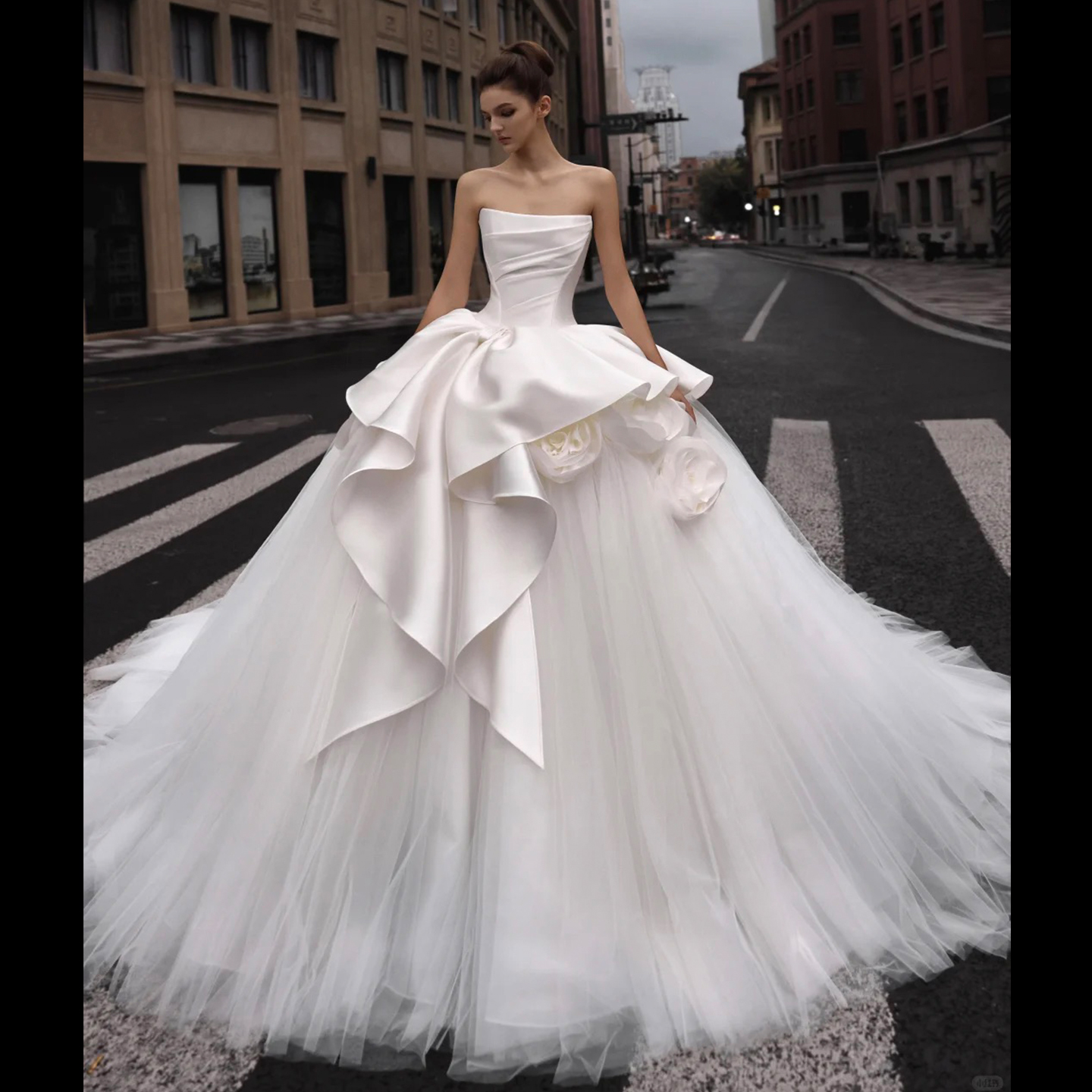 Romantic Off-Shoulder 3D Flower Wedding Dress in Soft Tulle & Satin