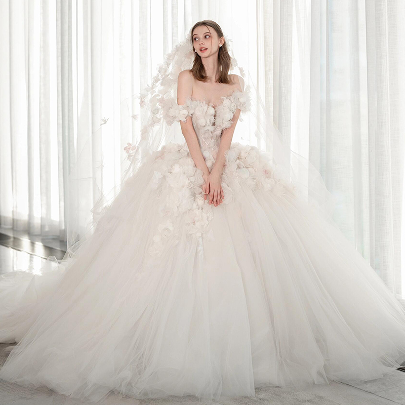 A-Line Wedding Gown: Off-Shoulder Deep V-Neck & 3D Floral Appliqués | Marisa - 图片 2