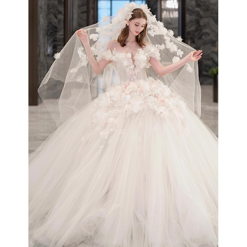 A-Line Wedding Gown: Off-Shoulder Deep V-Neck & 3D Floral Appliqués | Marisa