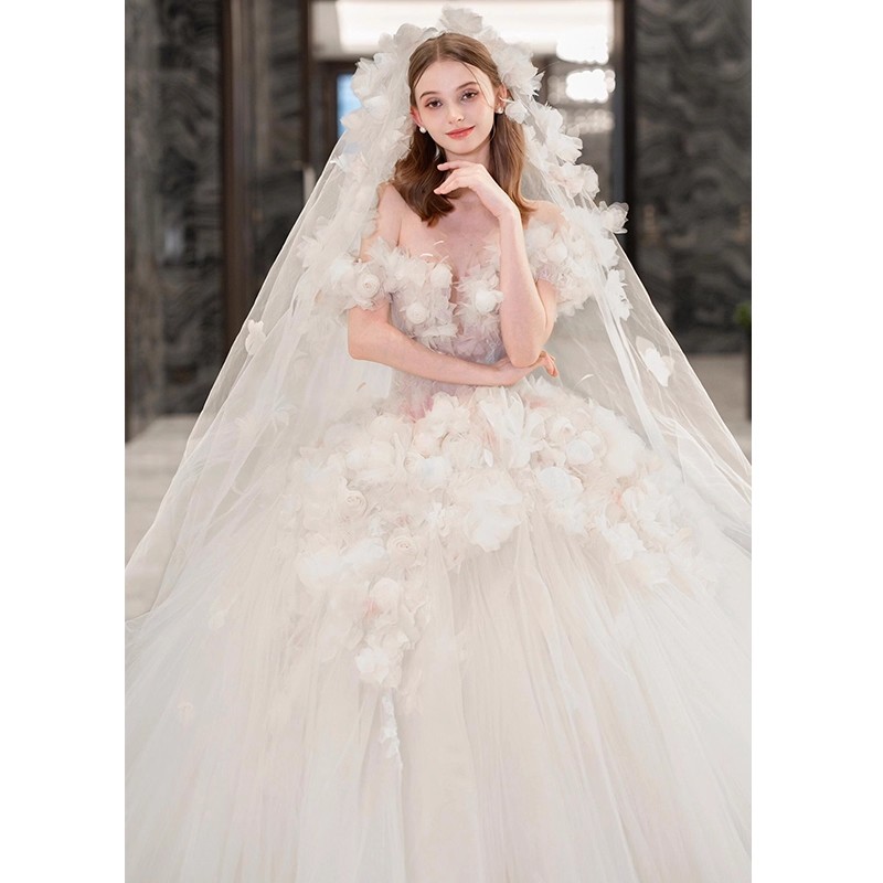 A-Line Wedding Gown: Off-Shoulder Deep V-Neck & 3D Floral Appliqués | Marisa - 图片 4