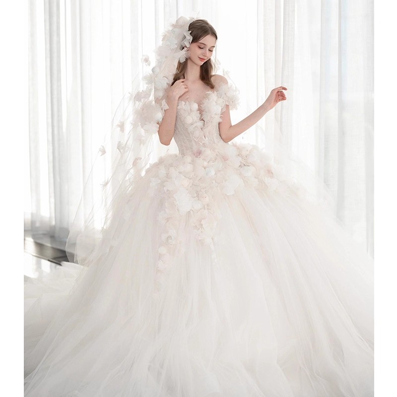 A-Line Wedding Gown: Off-Shoulder Deep V-Neck & 3D Floral Appliqués | Marisa - 图片 5