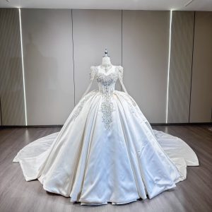Elara - Satin Ball Gown Wedding Dress with Long Sleeves & Crystal Detailing